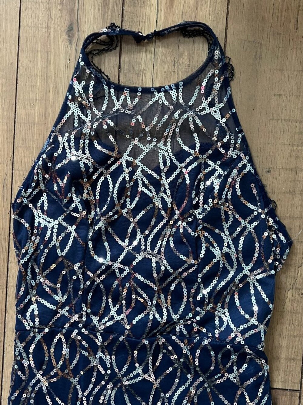 New Navy Blue Sequin Halter Maxi Dress Illusion Mesh Beaded Caged Back Gown